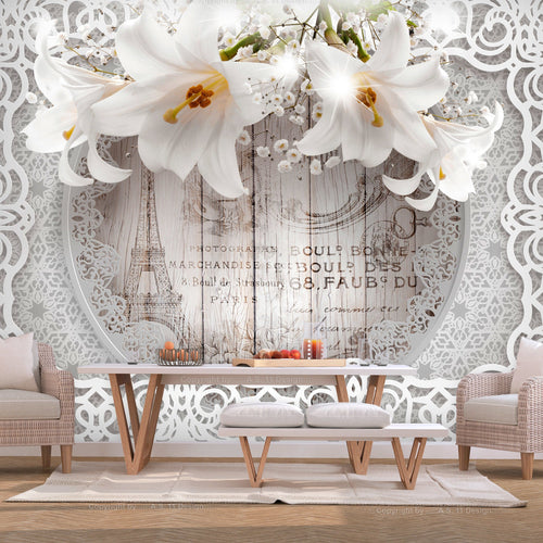 Papier Peint - Lilies and Wooden Background - Intissé